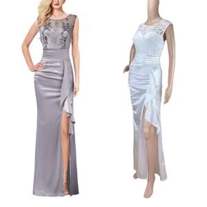 New Vfshow White Lace Pleated Ruched Ruffle High Slit Formal Prom Maxi Dress XS